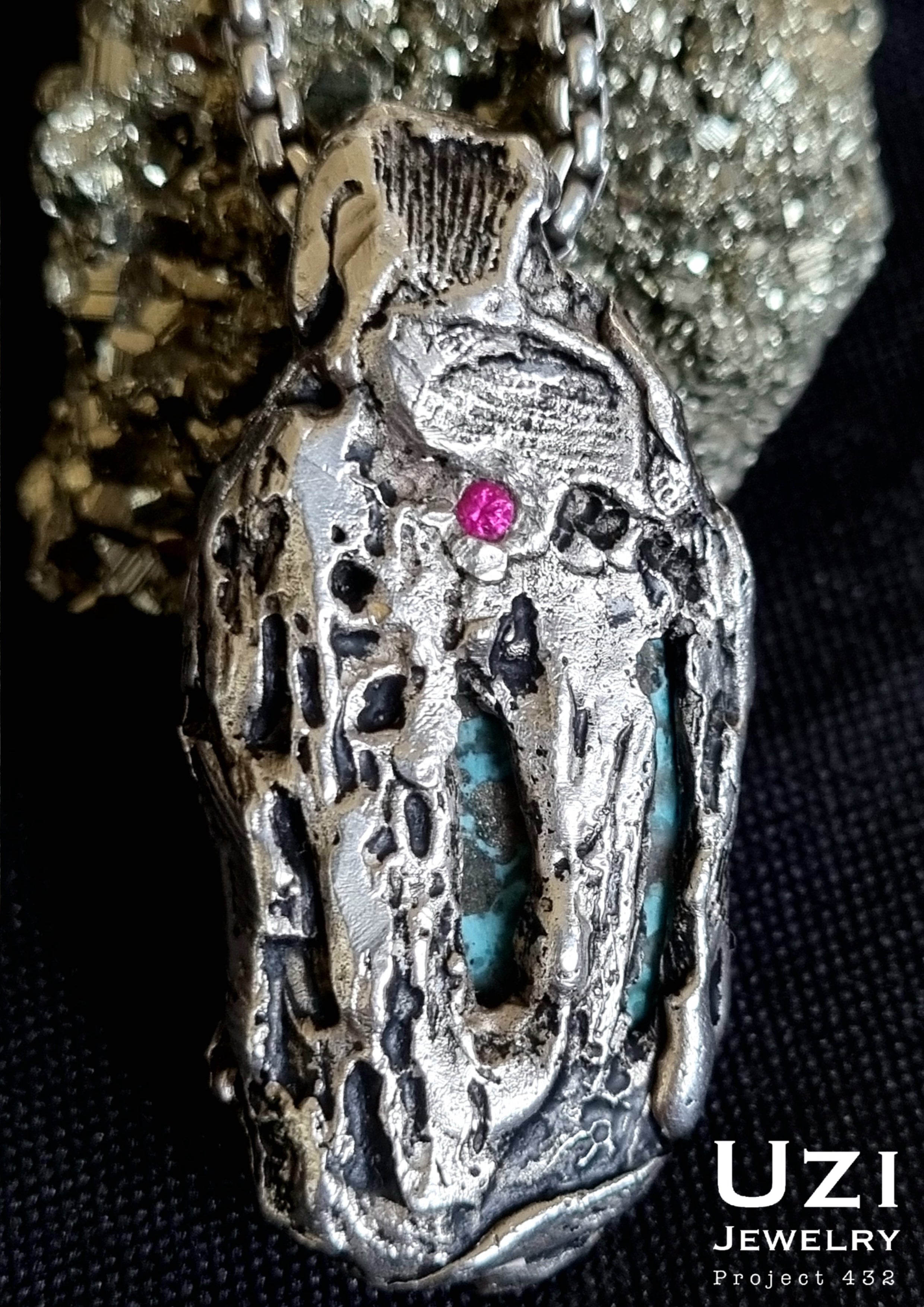 925 SILVER HANDMADE PENDANT SET WITH NATURAL PERSIAN TURQUOISE WITH  PYRITE AND RUBY