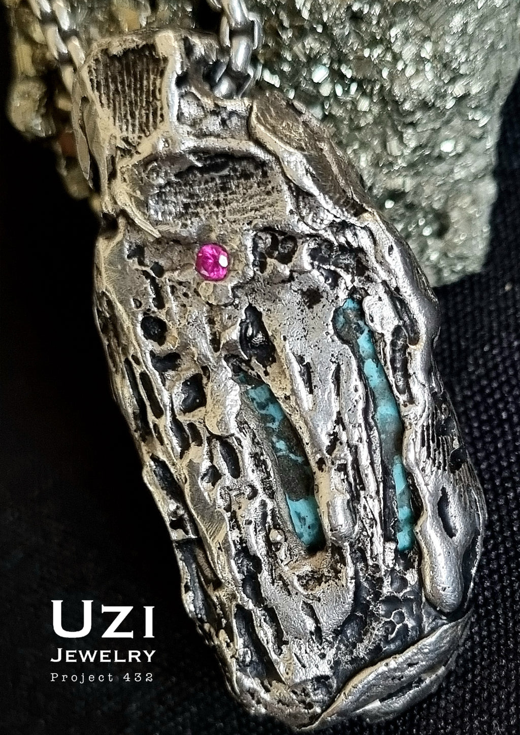 925 SILVER HANDMADE PENDANT SET WITH NATURAL PERSIAN TURQUOISE WITH  PYRITE AND RUBY