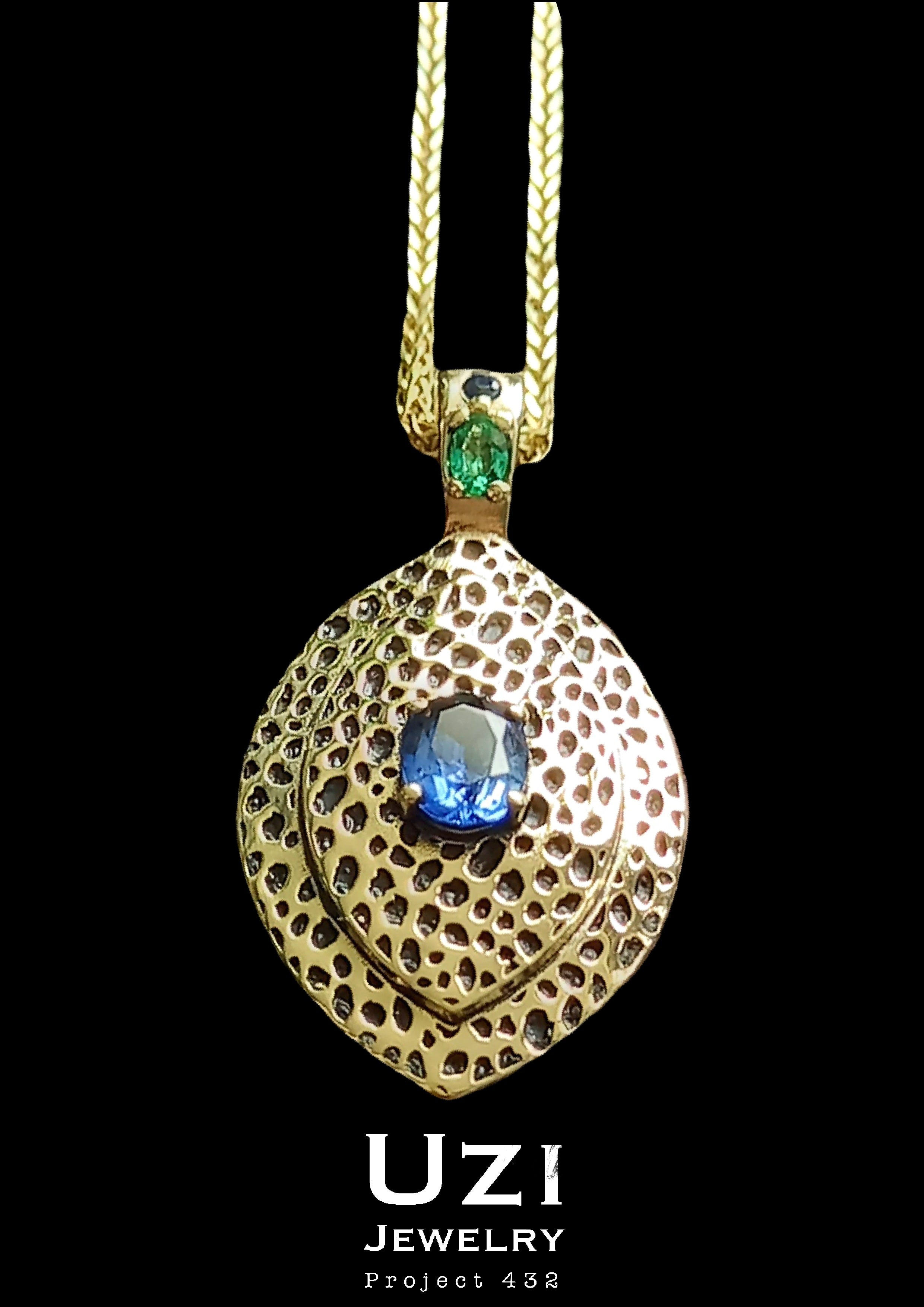 14K GOLD PENDANT SET WITH NATURAL 1.03 CT SAPPHIRE & NATURAL EMERALD